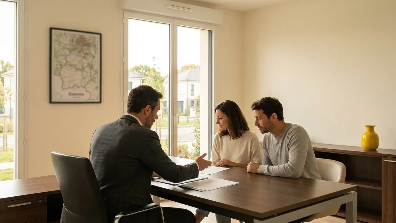 Un agent immobilier en costume présente des documents à un couple assis en face de lui autour d'une table dans un bureau lumineux.